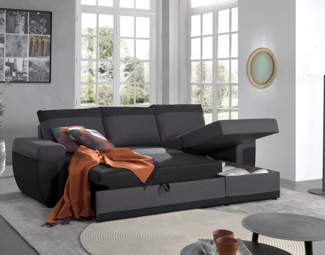 Milan - Canapé d'angle réversible - 4 places - Convertible avec coffre - En simili et tissu Milan - Canapé d'angle réversible - 4 places - Convertible avec coffre - En simili et tissu