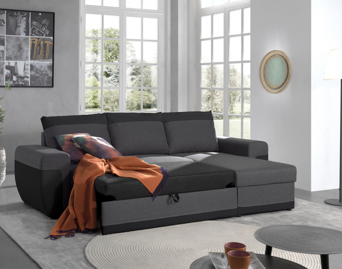 Milan - Canapé d'angle réversible - 4 places - Convertible avec coffre - En simili et tissu Milan - Canapé d'angle réversible - 4 places - Convertible avec coffre - En simili et tissu