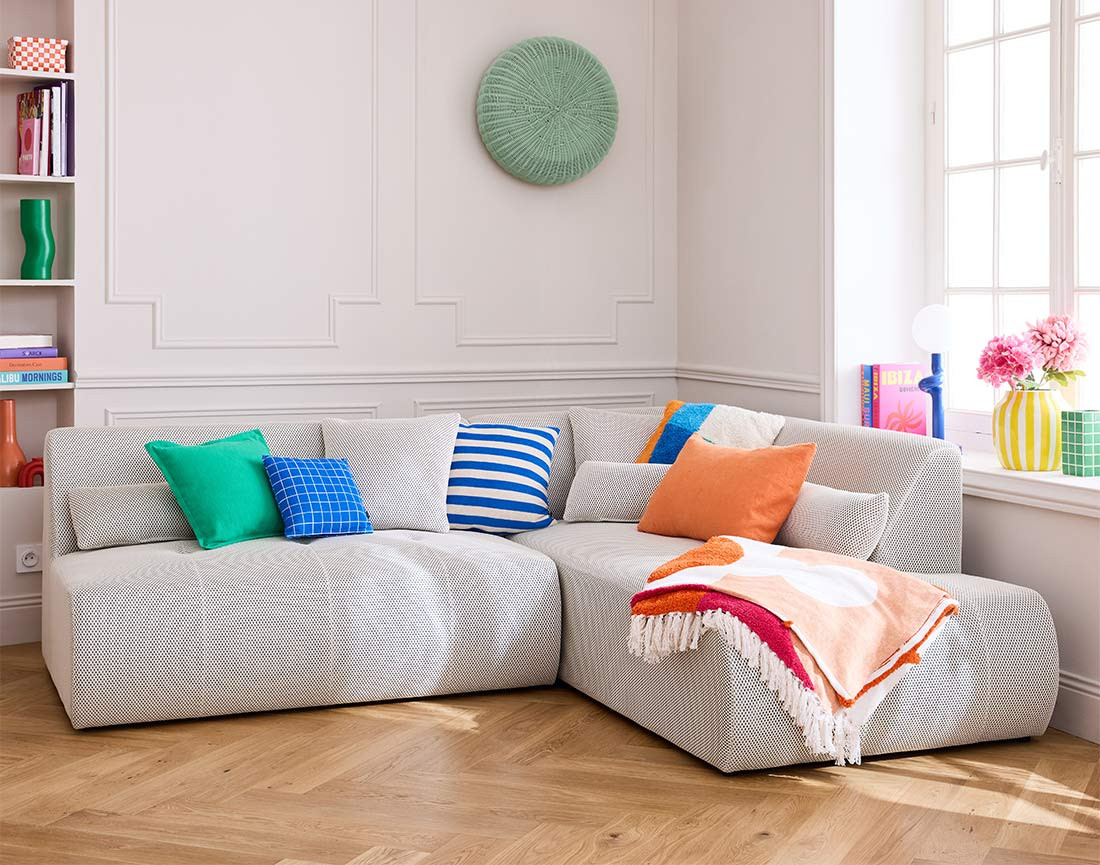 Canapé modulable d'angle droit 5 places en tissu mailles 3D Onyx Canapé modulable d'angle droit 5 places en tissu mailles 3D Onyx