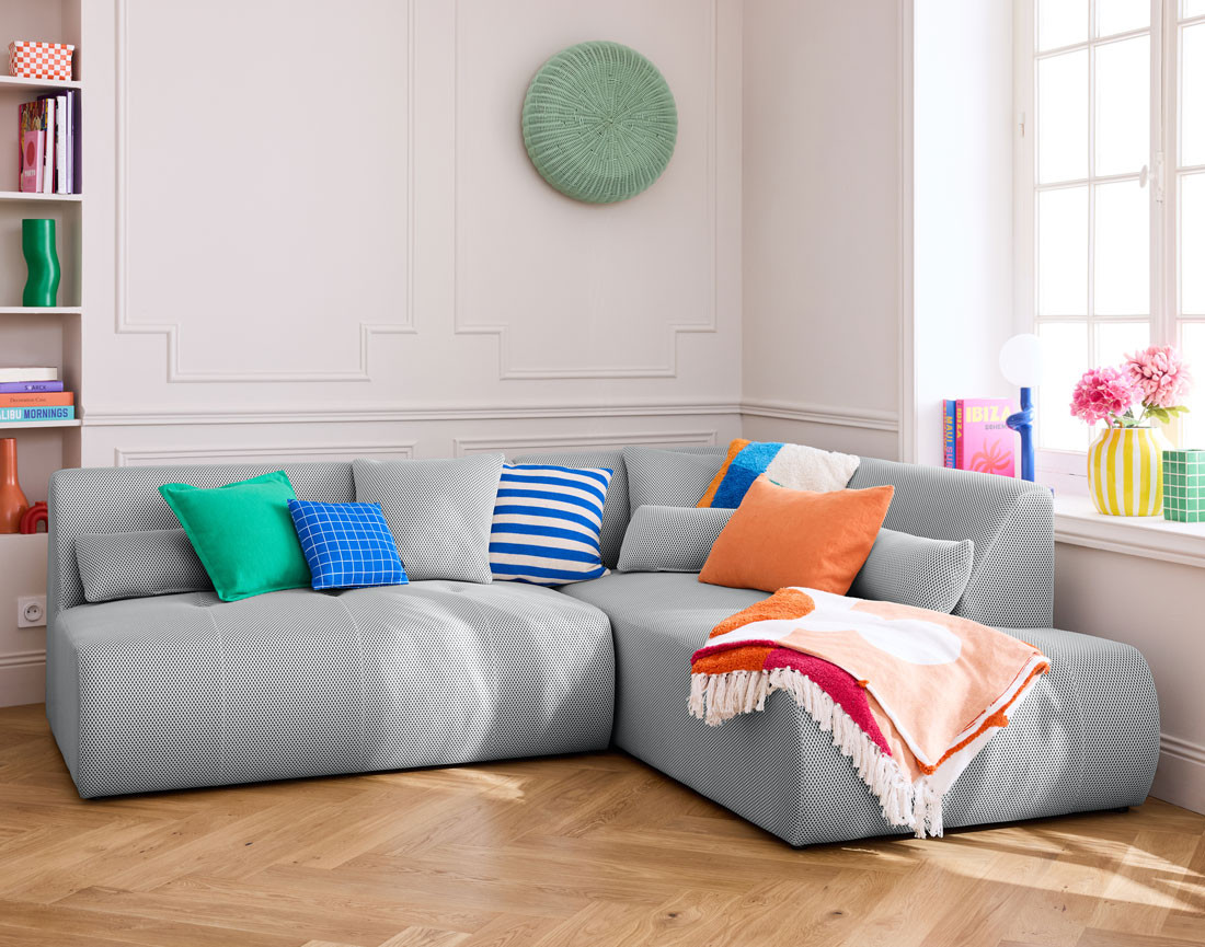 Canapé modulable d'angle droit 5 places en tissu mailles 3D Onyx Canapé modulable d'angle droit 5 places en tissu mailles 3D Onyx