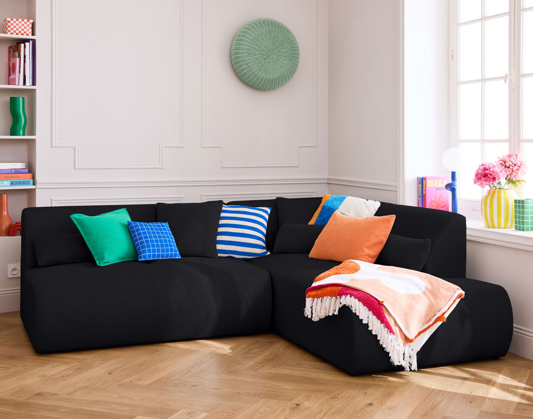 Canapé modulable d'angle droit 5 places en tissu mailles 3D Onyx Canapé modulable d'angle droit 5 places en tissu mailles 3D Onyx