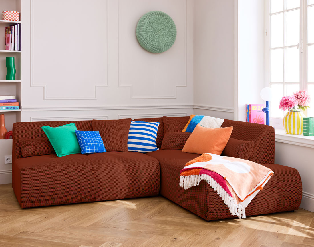 Canapé modulable d'angle droit 5 places en tissu mailles 3D Onyx