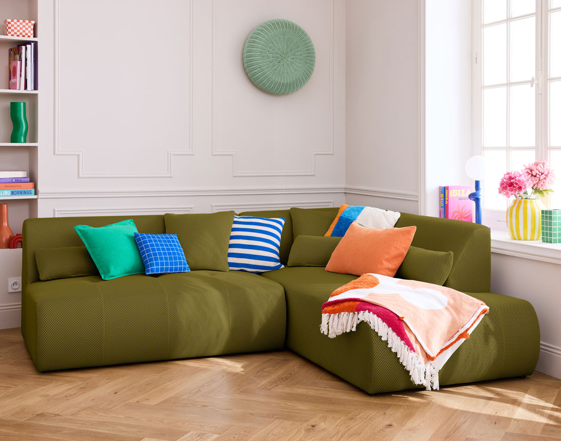 Canapé modulable d'angle droit 5 places en tissu mailles 3D Onyx