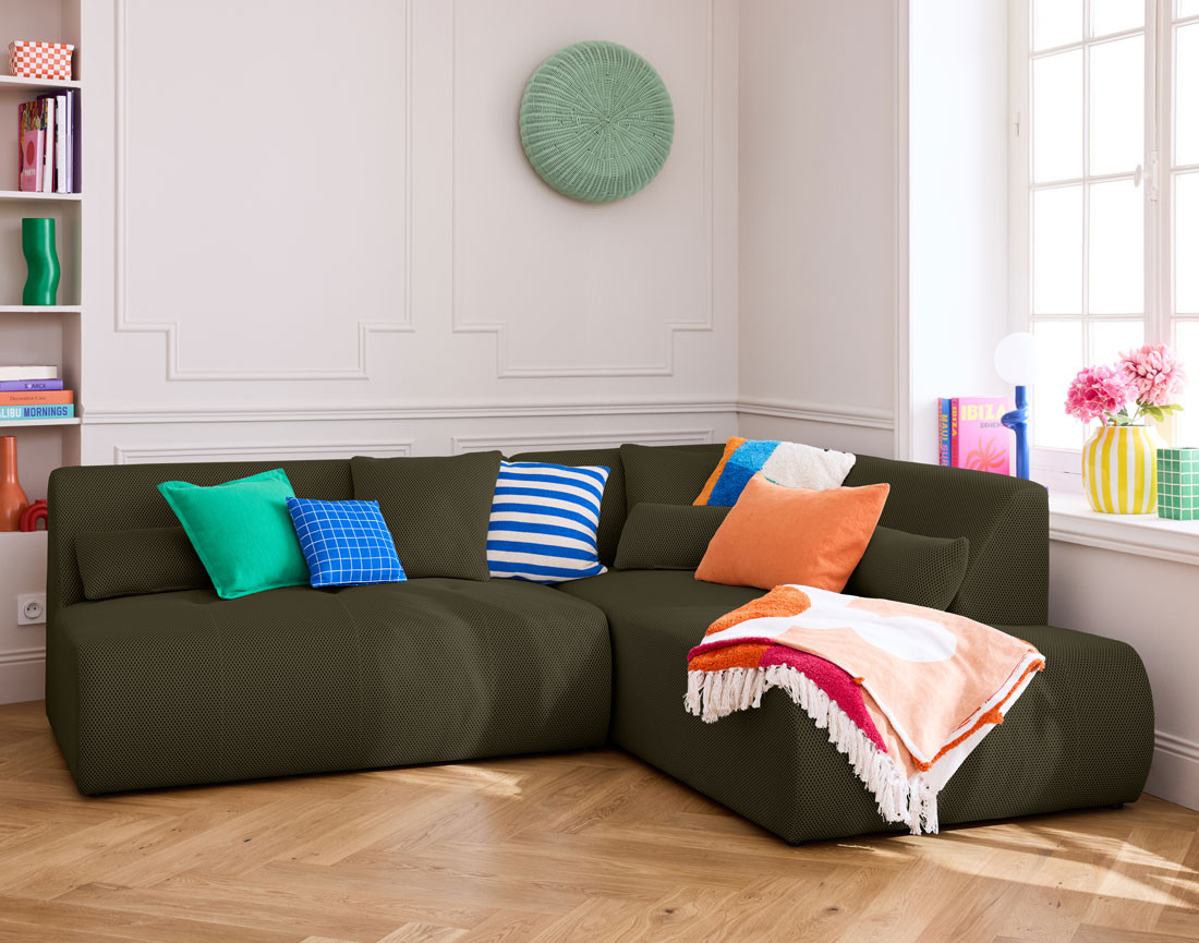 Canapé modulable d'angle droit 5 places en tissu mailles 3D Onyx