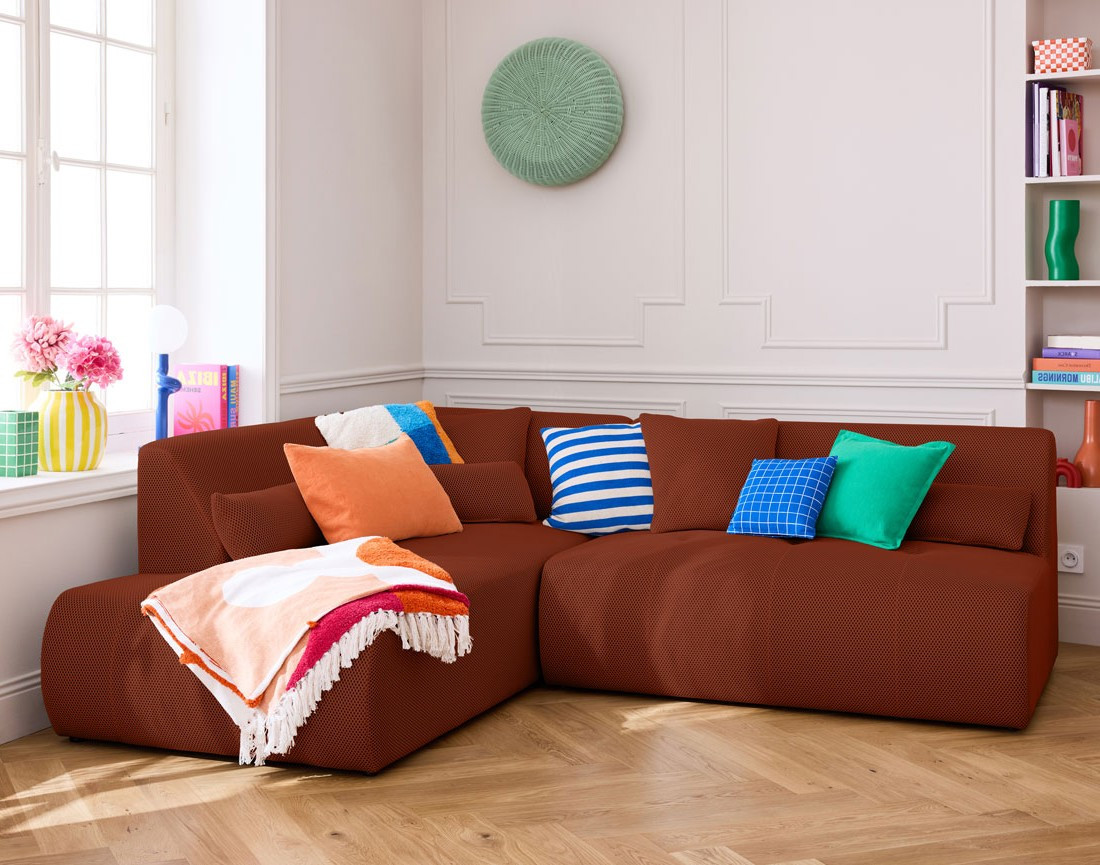 Canapé modulable d'angle gauche 5 places en tissu mailles 3D Onyx