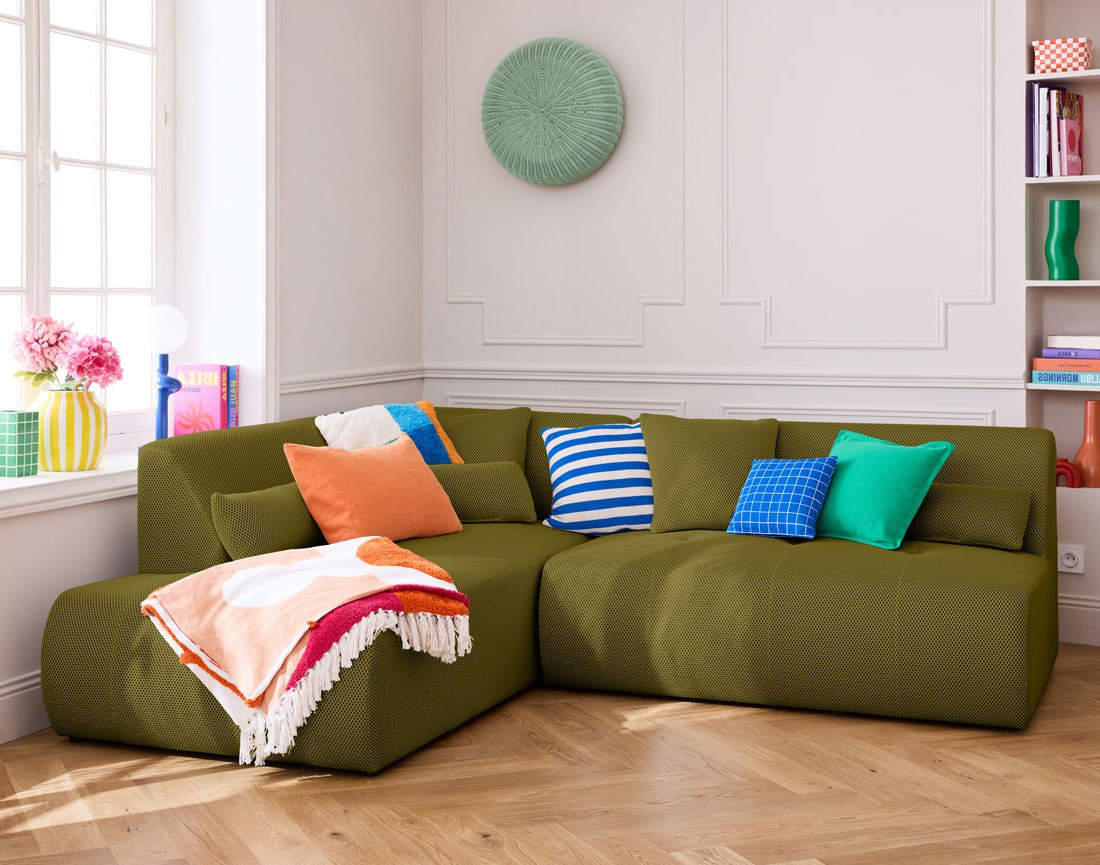 Canapé modulable d'angle gauche 5 places en tissu mailles 3D Onyx