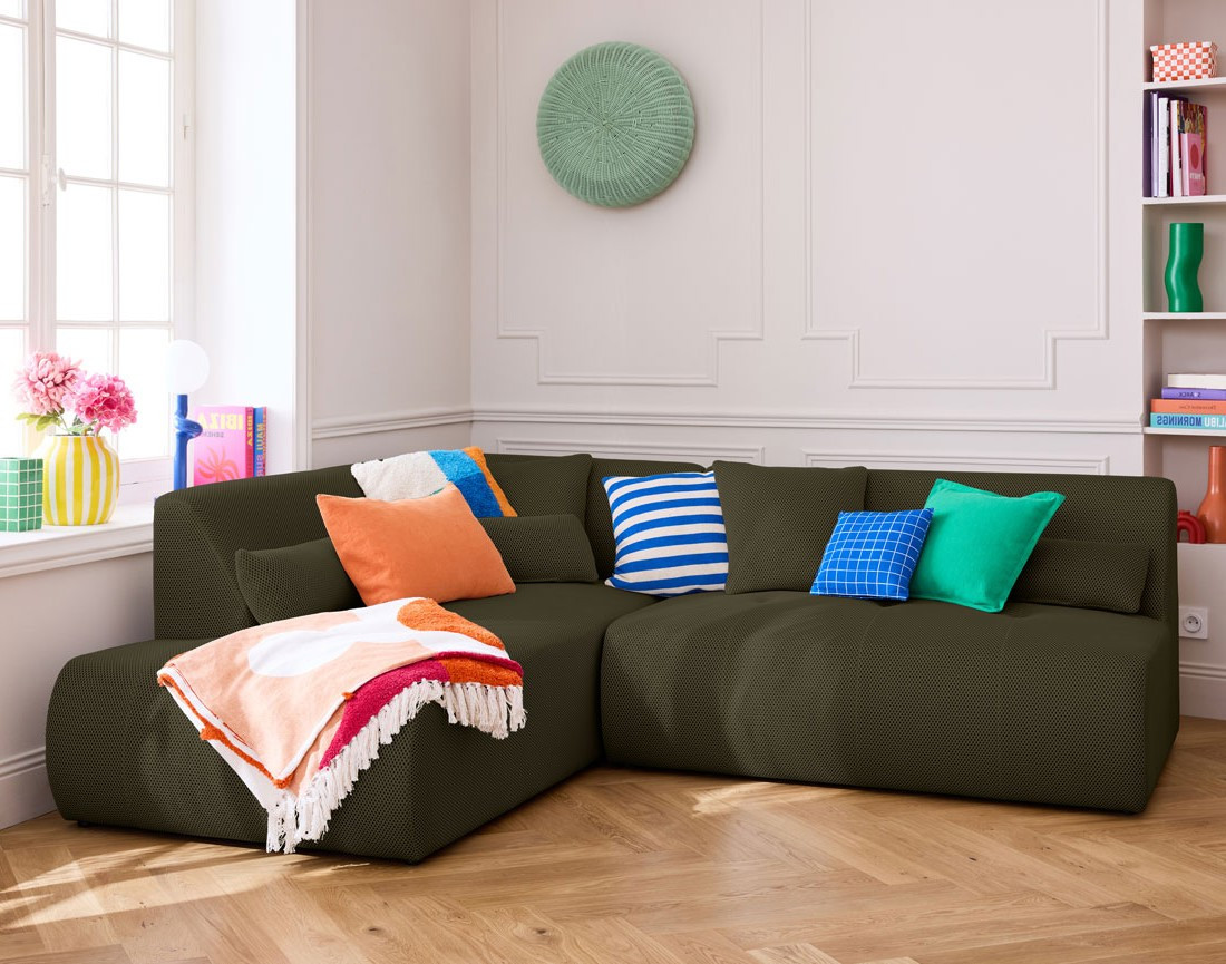 Canapé modulable d'angle gauche 5 places en tissu mailles 3D Onyx