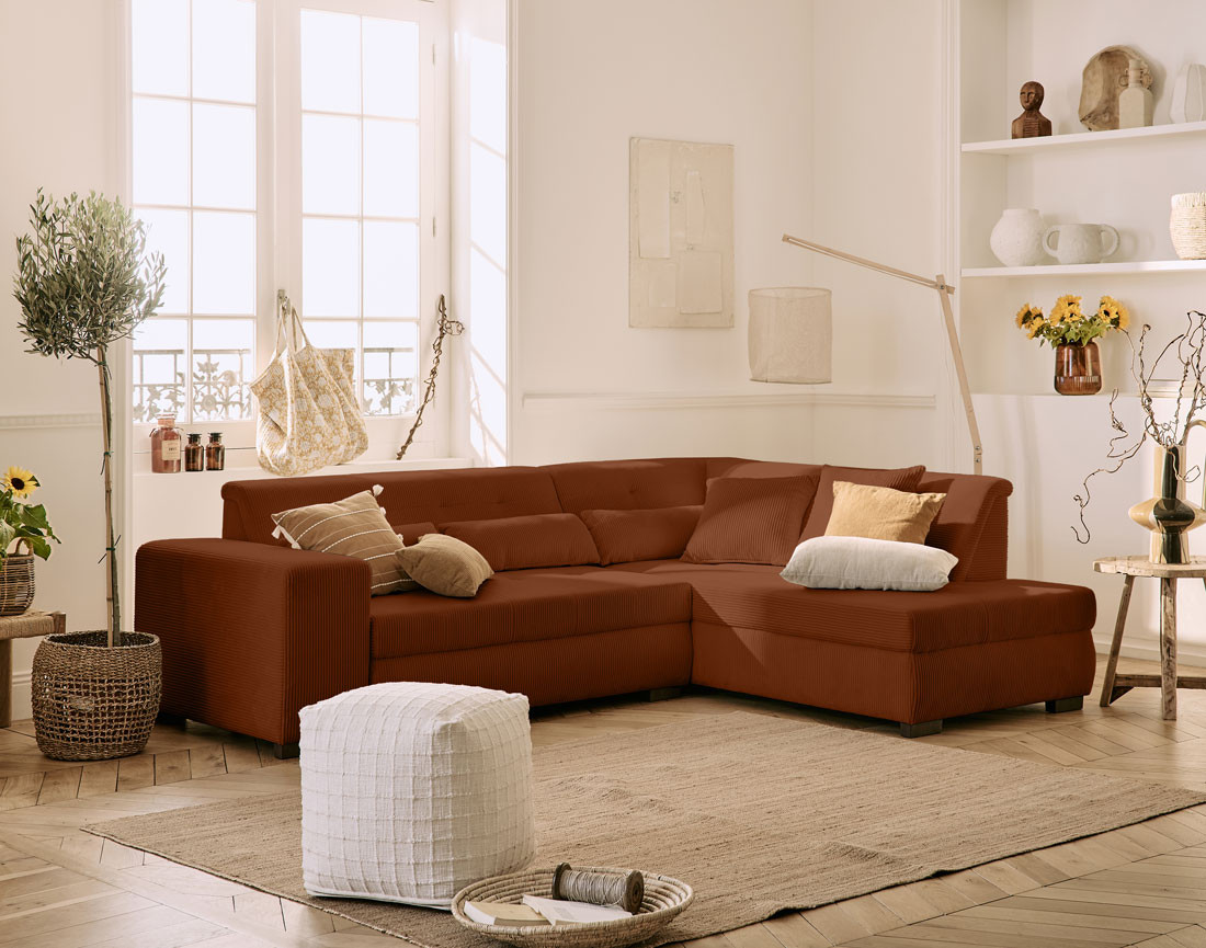 Canapé d'angle droit 5 places convertible en velours côtelé Vermont