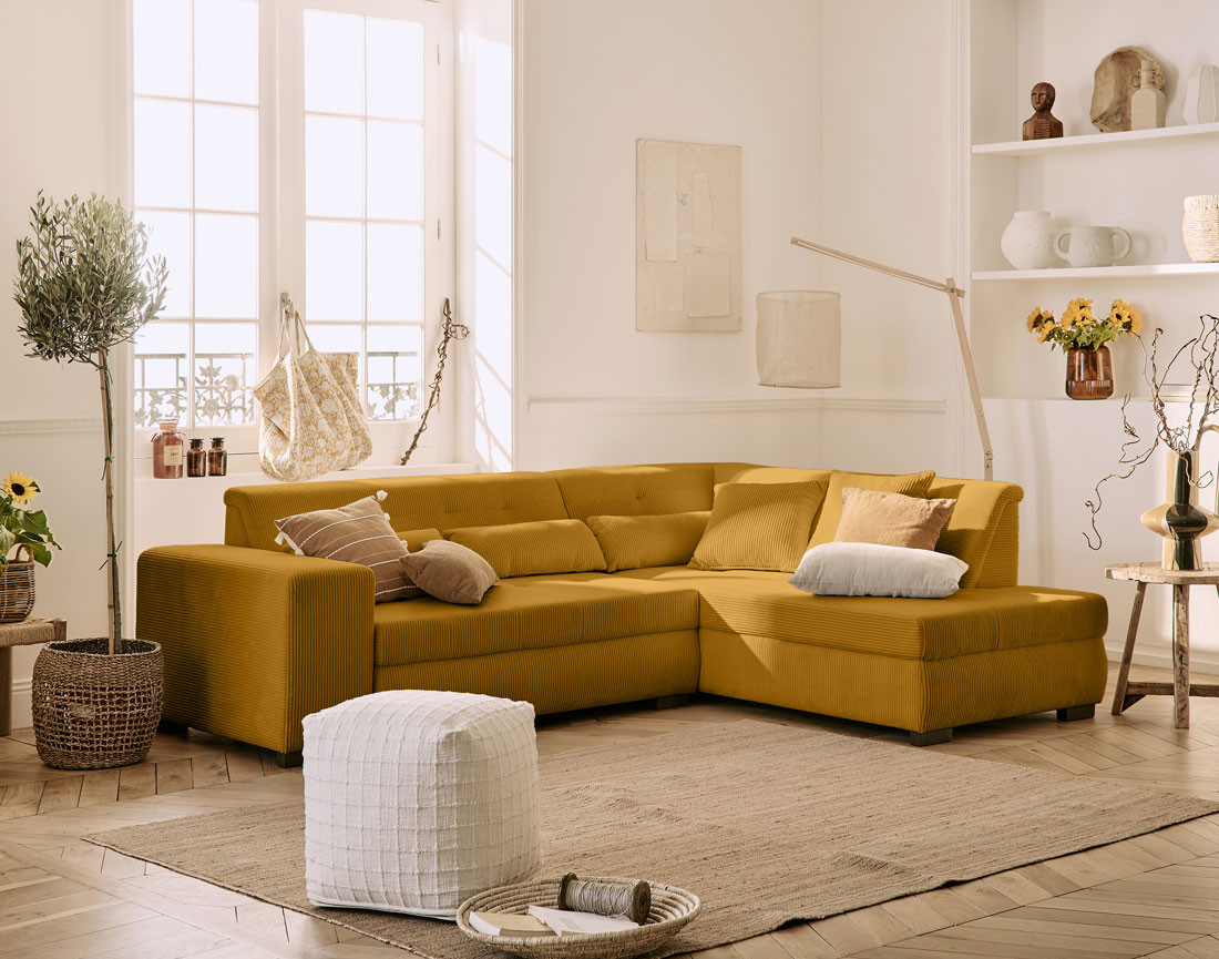 Canapé d'angle droit 5 places convertible en velours côtelé Vermont