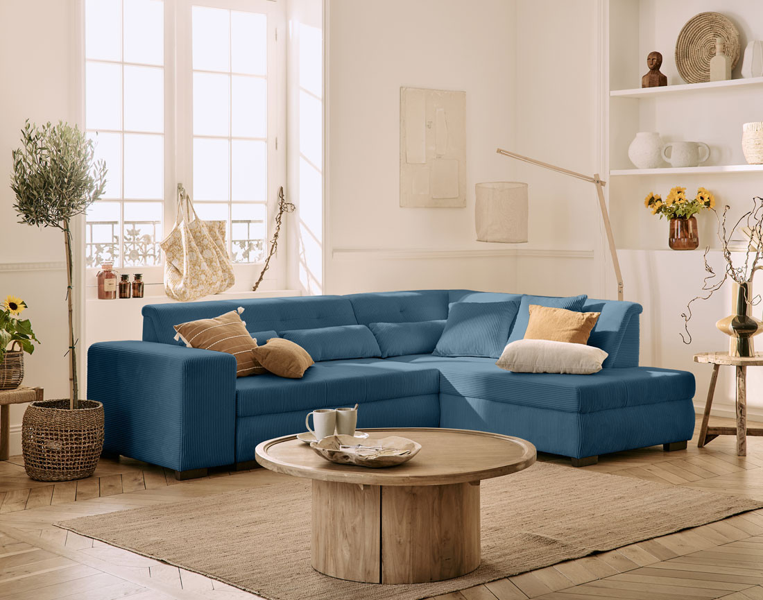 Canapé d'angle droit 5 places convertible en velours côtelé Vermont