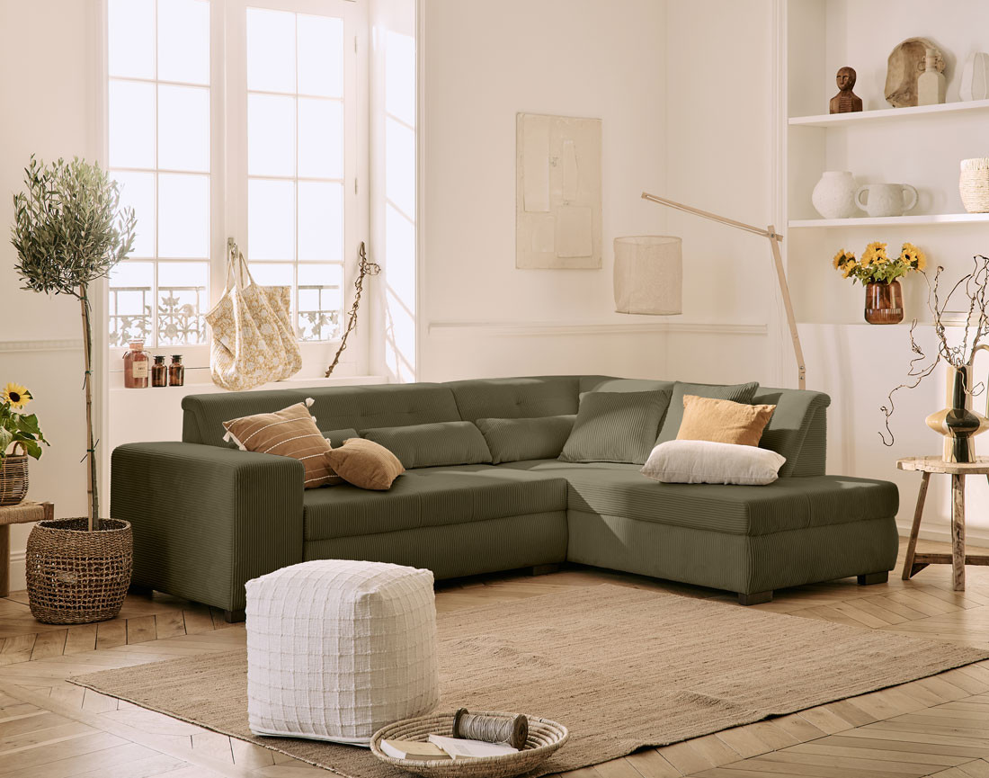 Canapé d'angle droit 5 places convertible en velours côtelé Vermont