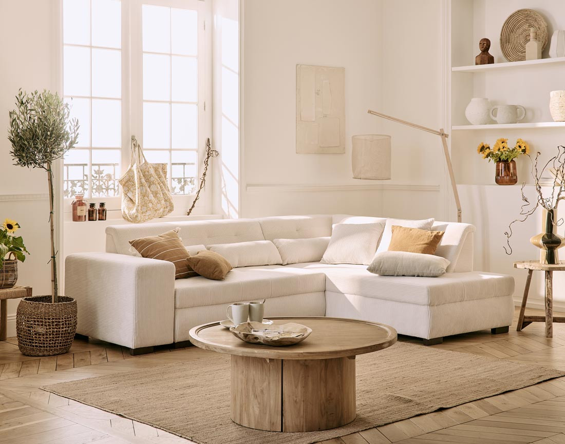 Canapé d'angle droit 5 places convertible en velours côtelé Vermont