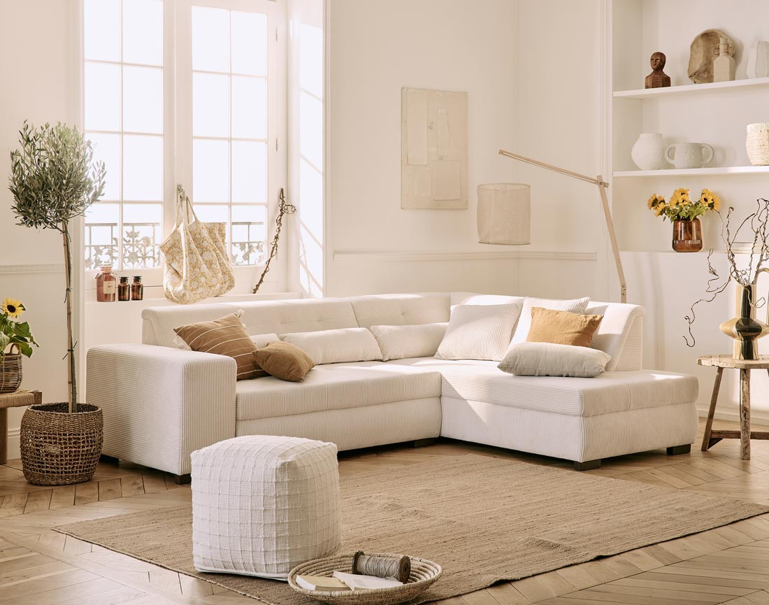 Canapé d'angle droit 5 places convertible en velours côtelé Vermont