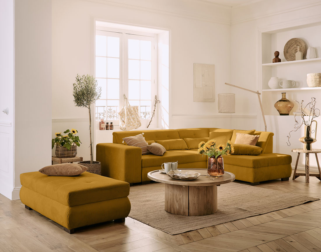 Canapé d'angle droit 5 places convertible en velours côtelé Vermont