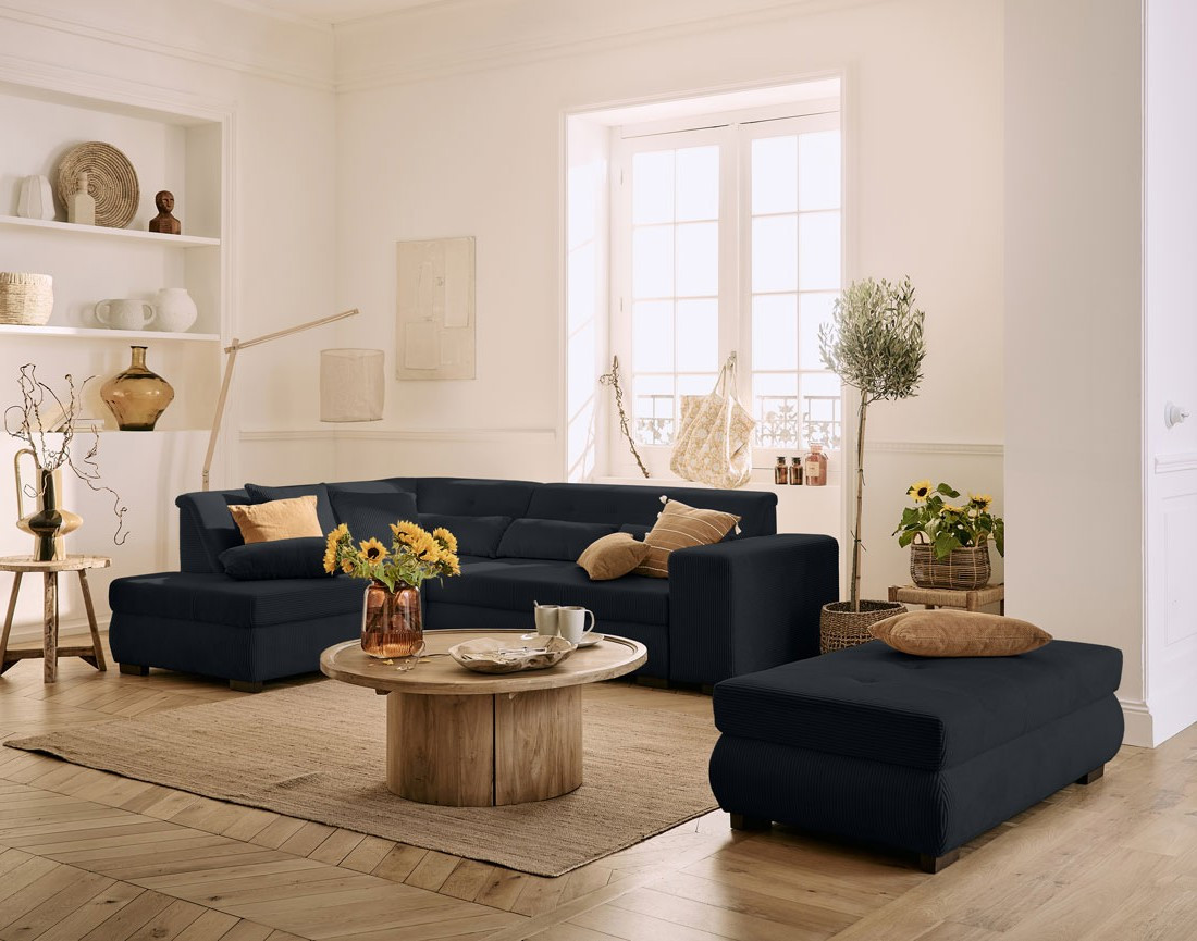 Canapé d'angle gauche 5 places convertible en velours côtelé Vermont