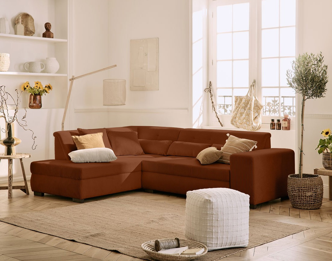 Canapé d'angle gauche 5 places convertible en velours côtelé Vermont