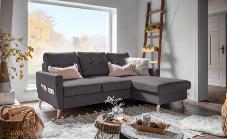 OSLO - Canapé d'angle droit convertible - Gris foncé - 225x147x86cm OSLO - Canapé d'angle droit convertible - Gris foncé - 225x147x86cm