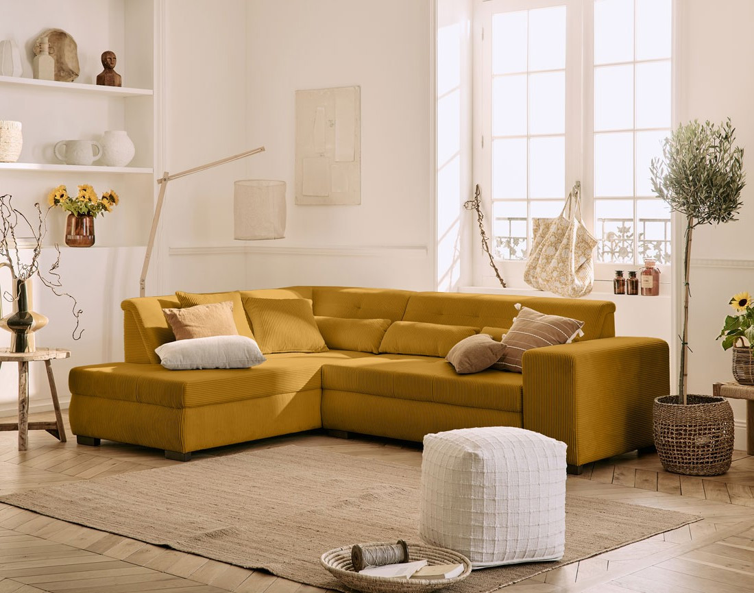 Canapé d'angle gauche 5 places convertible en velours côtelé Vermont