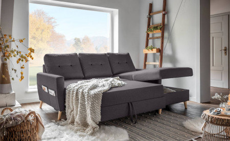 OSLO - Canapé d'angle droit convertible - Gris foncé - 225x147x86cm OSLO - Canapé d'angle droit convertible - Gris foncé - 225x147x86cm