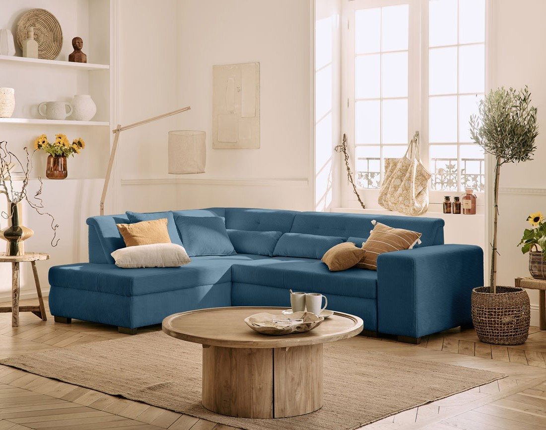 Canapé d'angle gauche 5 places convertible en velours côtelé Vermont