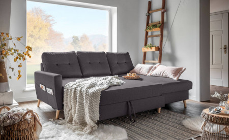 OSLO - Canapé d'angle droit convertible - Gris foncé - 225x147x86cm OSLO - Canapé d'angle droit convertible - Gris foncé - 225x147x86cm