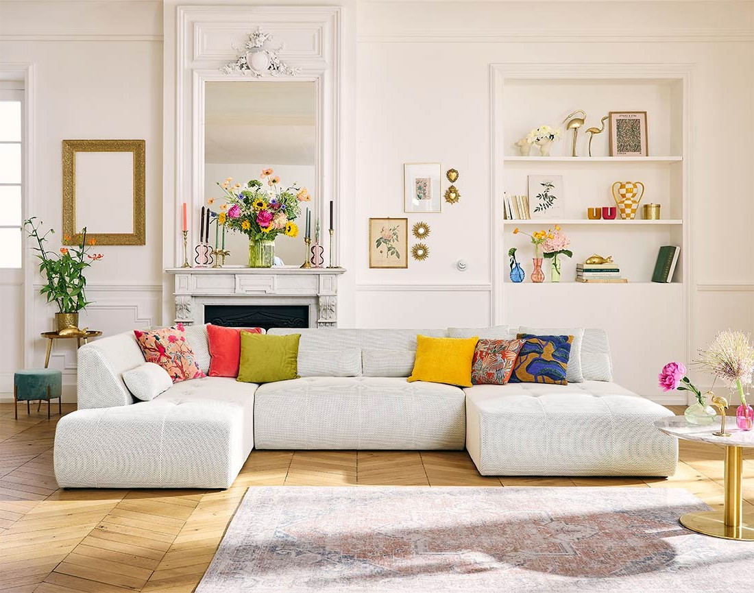 Canapé panoramique modulable d'angle gauche 7 places en tissu mailles 3D Onyx Canapé panoramique modulable d'angle gauche 7 places en tissu mailles 3D Onyx