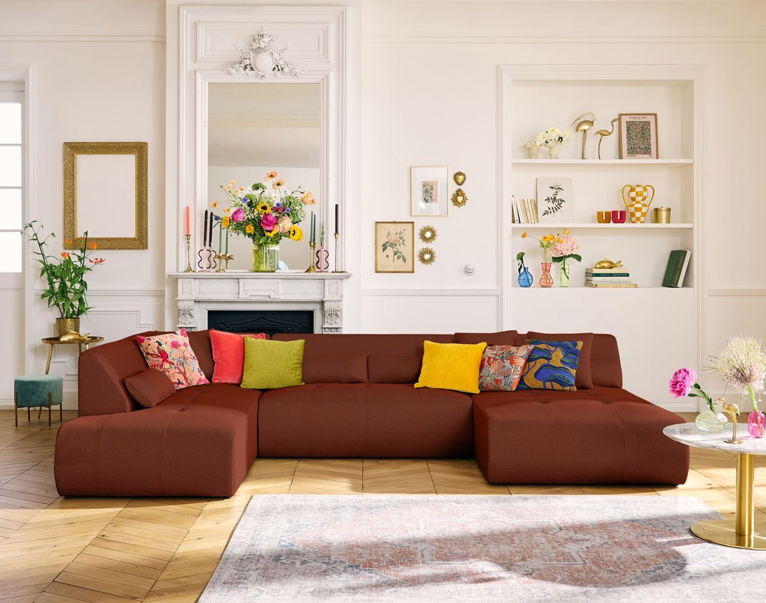 Canapé panoramique modulable d'angle gauche 7 places en tissu mailles 3D Onyx