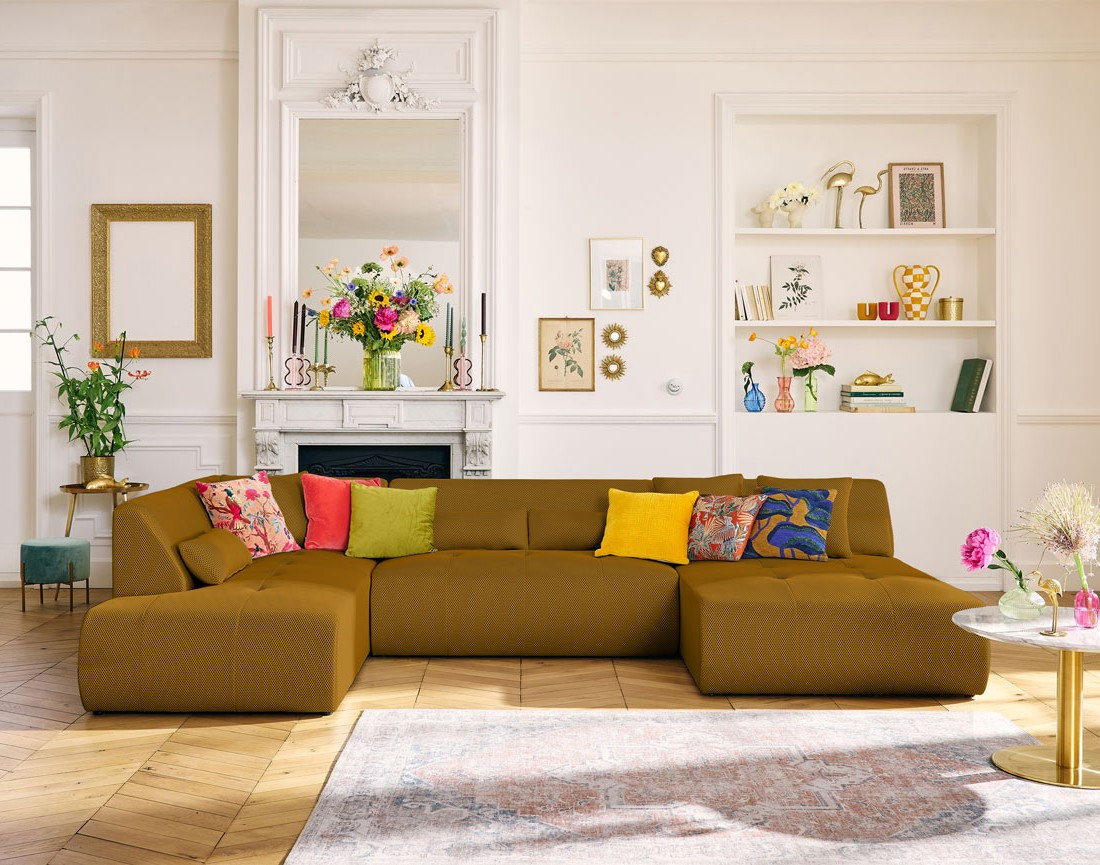 Canapé panoramique modulable d'angle gauche 7 places en tissu mailles 3D Onyx