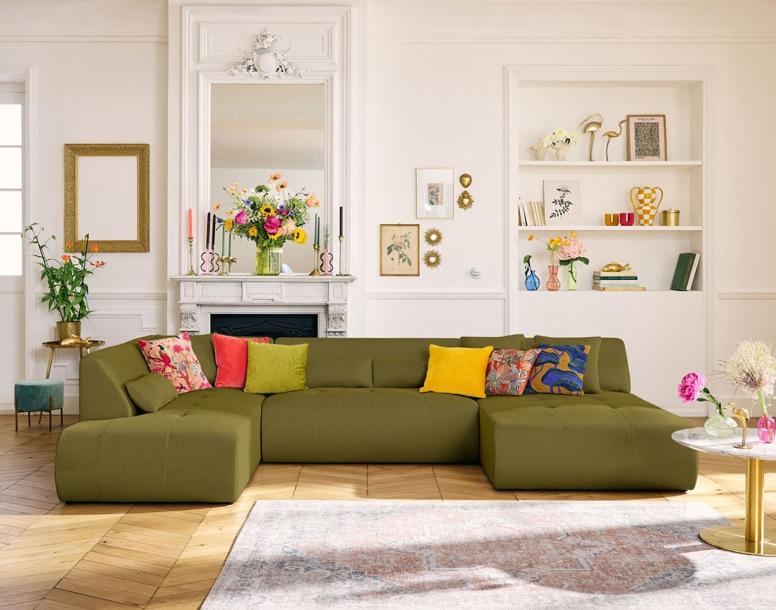 Canapé panoramique modulable d'angle gauche 7 places en tissu mailles 3D Onyx