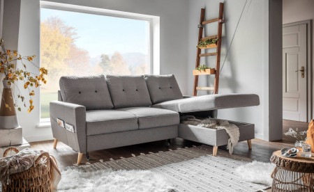 OSLO - Canapé d'angle droite convertible - Gris clair - 225x147x86cm OSLO - Canapé d'angle droite convertible - Gris clair - 225x147x86cm