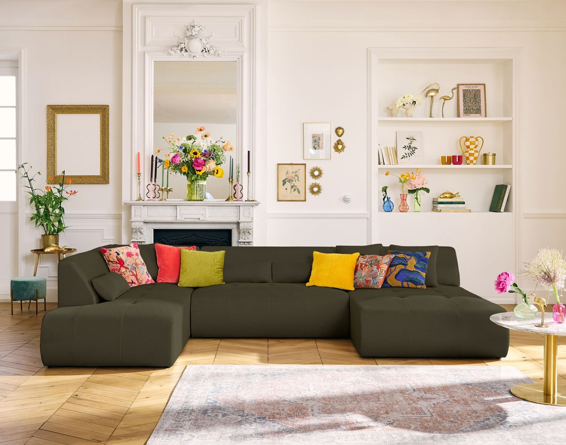 Canapé panoramique modulable d'angle gauche 7 places en tissu mailles 3D Onyx