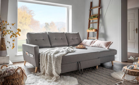 OSLO - Canapé d'angle droite convertible - Gris clair - 225x147x86cm OSLO - Canapé d'angle droite convertible - Gris clair - 225x147x86cm