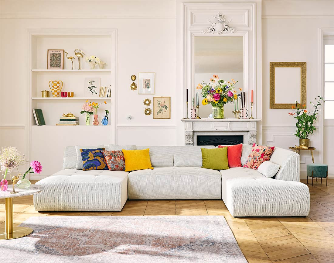 Canapé panoramique d'angle droit 7 places en tissu mailles 3D Onyx Canapé panoramique d'angle droit 7 places en tissu mailles 3D Onyx