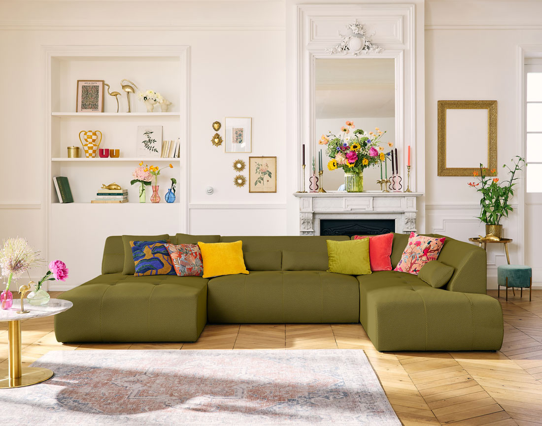 Canapé panoramique d'angle droit 7 places en tissu mailles 3D Onyx