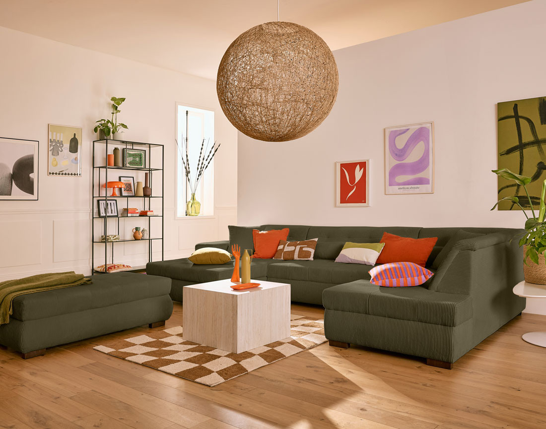 Canapé panoramique d'angle droit 7 places en velours côtelé Vermont