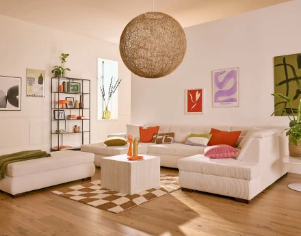 Canapé panoramique d'angle droit 7 places en velours côtelé Vermont