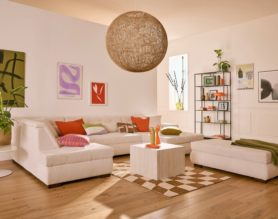 Canapé panoramique d'angle gauche 7 places en velours côtelé Vermont