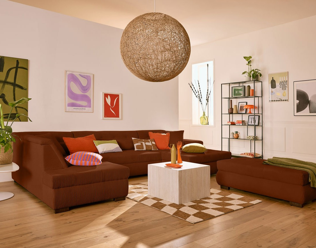 Canapé panoramique d'angle gauche 7 places en velours côtelé Vermont