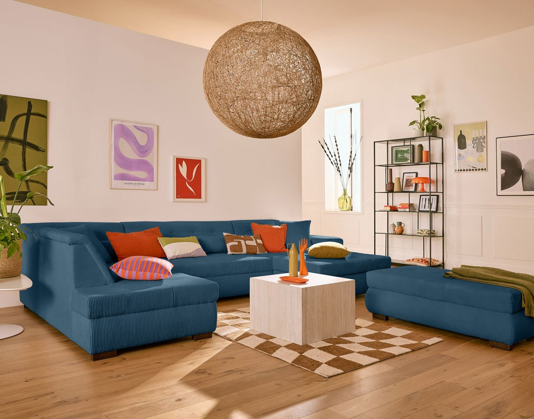 Canapé panoramique d'angle gauche 7 places en velours côtelé Vermont