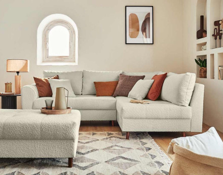 Rune - canapé d'angle droit - 4 places - avec pouf d'appoint - en tissu bouclette Lisa Design