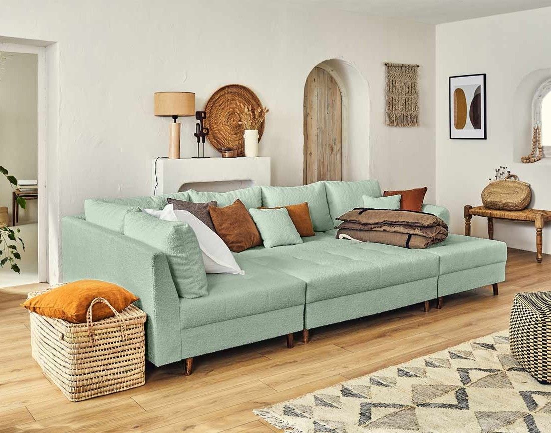 Rune - canapé panoramique d'angle gauche - 7 places - avec pouf d'appoint - en tissu bouclette Lisa Design