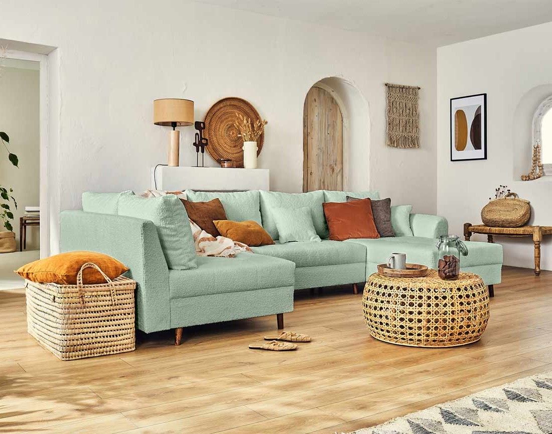 Rune - canapé panoramique d'angle gauche - 7 places - avec pouf d'appoint - en tissu bouclette Lisa Design