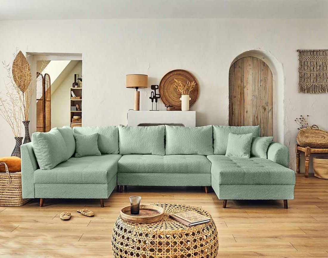 Rune - canapé panoramique d'angle gauche - 7 places - avec pouf d'appoint - en tissu bouclette Lisa Design