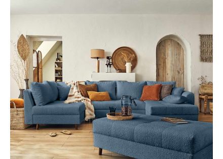 Rune - canapé panoramique d'angle gauche - 7 places - avec pouf d'appoint - en tissu bouclette Lisa Design