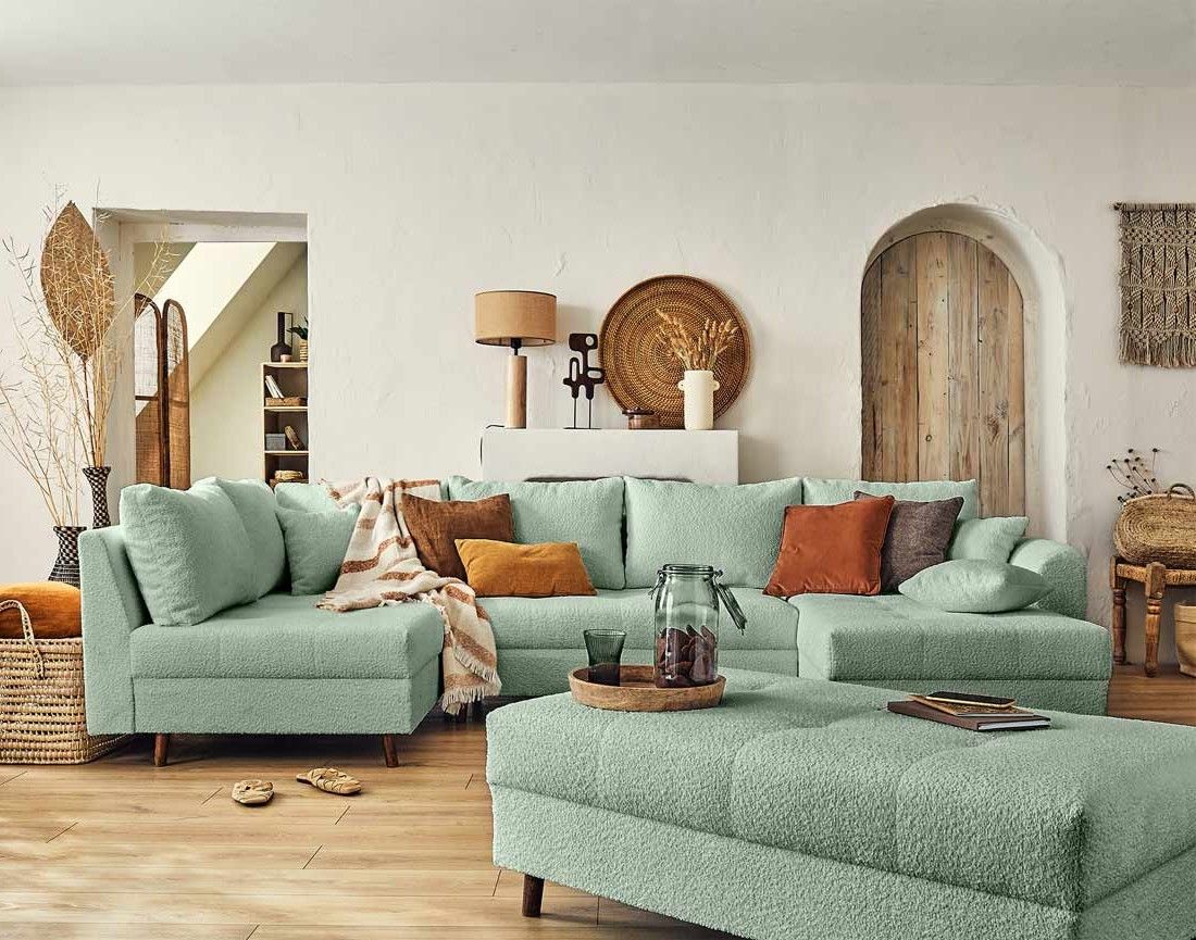 Rune - canapé panoramique d'angle gauche - 7 places - avec pouf d'appoint - en tissu bouclette Lisa Design