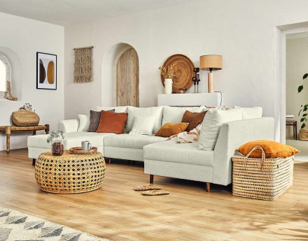 Rune - canapé panoramique d'angle gauche - 7 places - en tissu bouclette Lisa Design