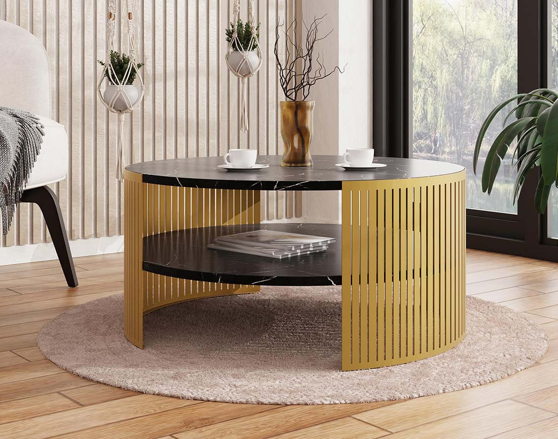 Table basse effet marbre noir et doré 1 niche 75 cm Cruz