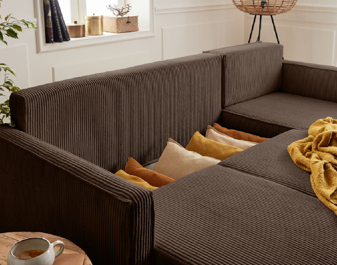 Canapé d'angle réversible 4 places convertible avec coffre en velours côtelé Charlie