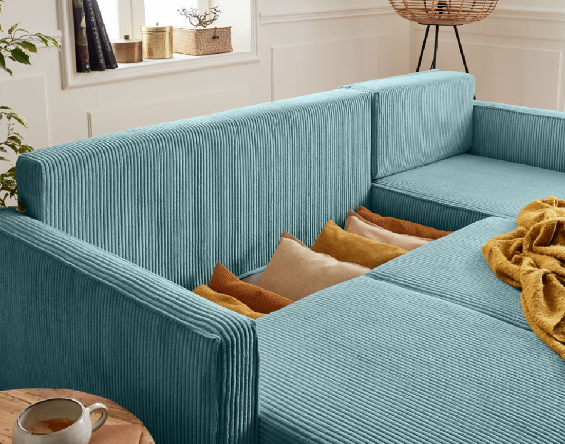 Canapé d'angle réversible 4 places convertible avec coffre en velours côtelé Charlie