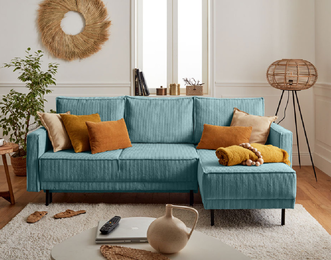 Canapé d'angle réversible 4 places convertible avec coffre en velours côtelé Charlie